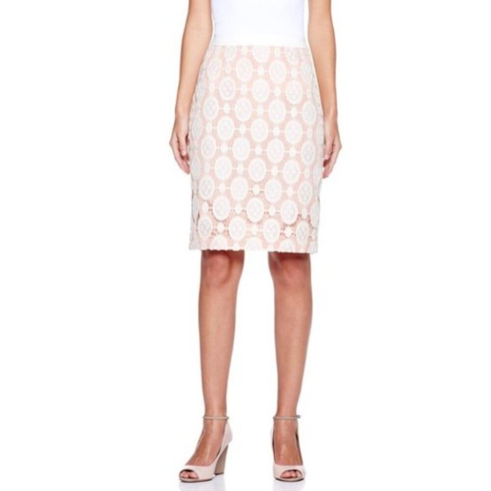 Byron Lars Ivory & Blush Pink Knee Length Contrast Overlay Lace Pencil Skirt 12